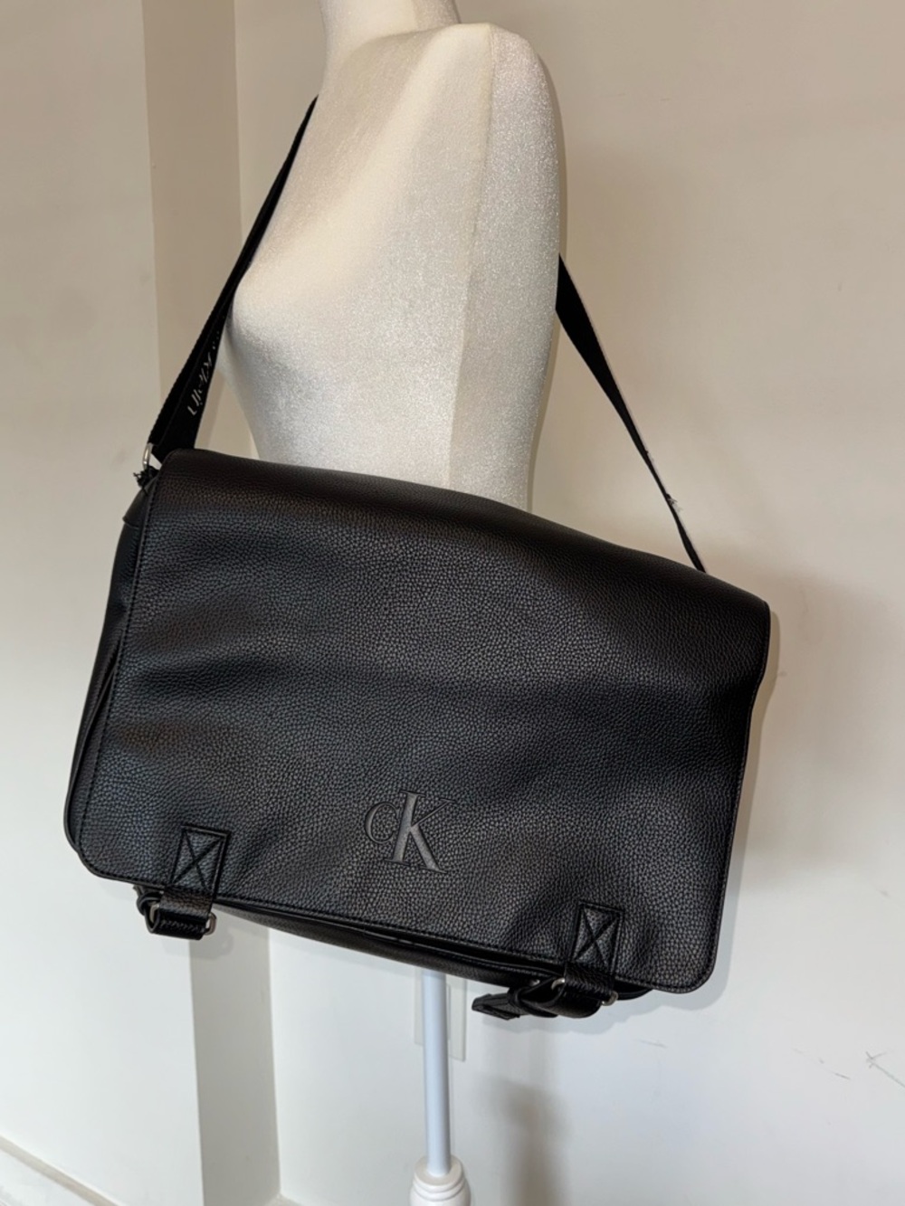 Calvin Klein Black Pebbled Leather Messenger Bag